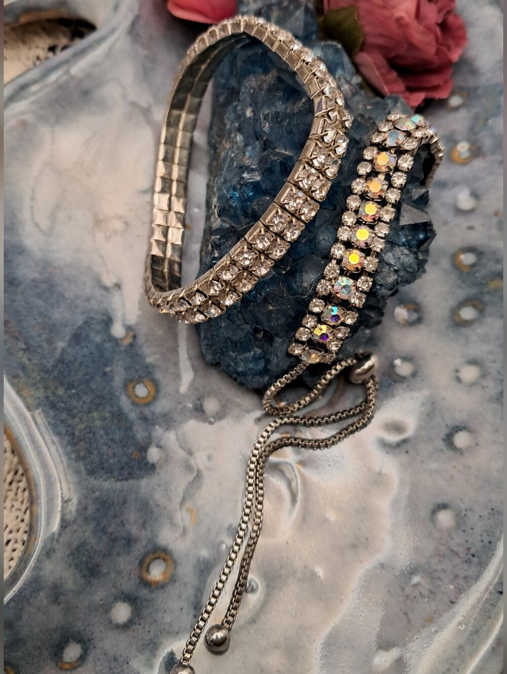 Multi-Row Clear Crystal & AB Rhinestone Bracelets - Set of 2 (Silvertone)
